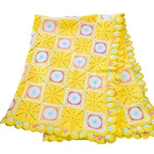 Vintage Handmade Crochet Granny Square Throw Blanket Bright Yellow Nursery Decor